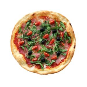 Prosciutto and Arugula Pizza with Tomatoes and Olives