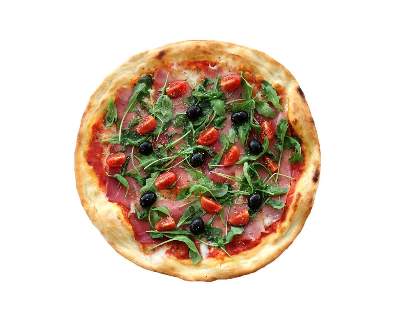 Prosciutto and Arugula Pizza with Tomatoes and Olives